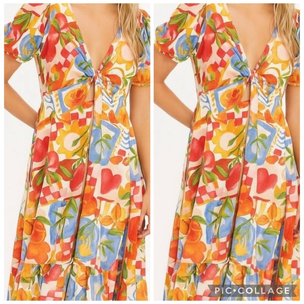 WHITE CLOSET ELEMENTS Women’s Multicolor Fruit Print Short Sleeve Midi Dress XS